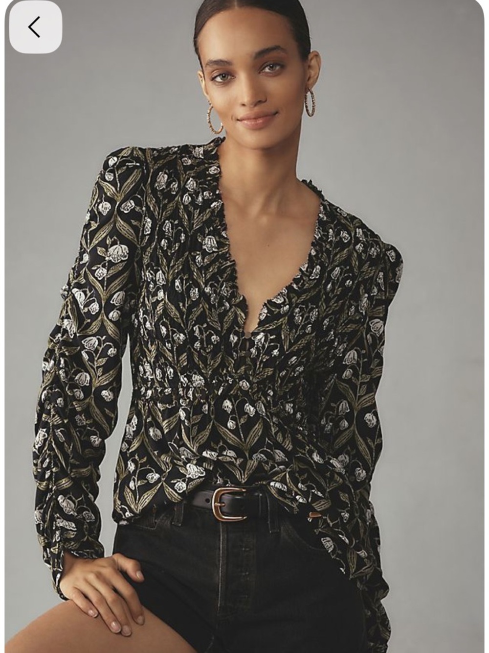 Anthropologie Black Floral Peasant Blouse with White and Green Print